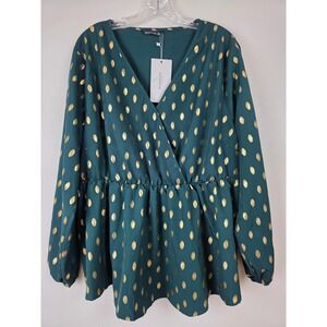 BloomChic Blouse Top Womens 18‎ Green Gold Metallic Dot Dressy Long Sleeve Party